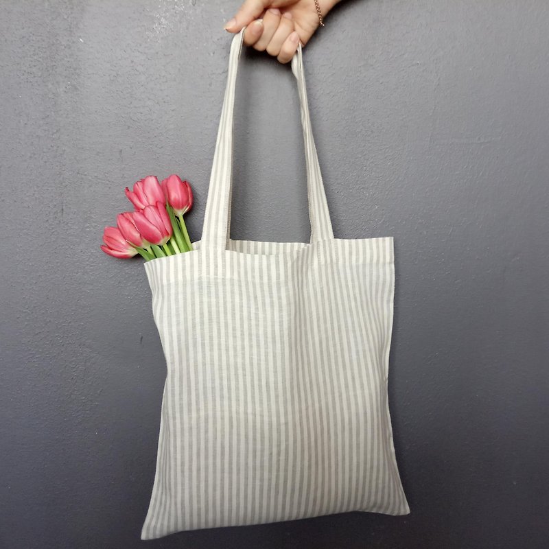 亞麻 手提包/手提袋 多色 - Reusable  striped linen shopping bags with long handles