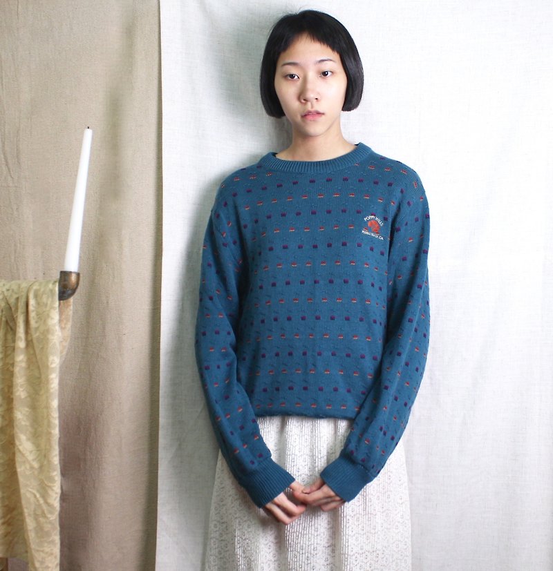 FOAK Vintage U.S. Made Cotton Lake Blue Stereo Knit Sweater - สเวตเตอร์ผู้ชาย - ผ้าฝ้าย/ผ้าลินิน สีน้ำเงิน