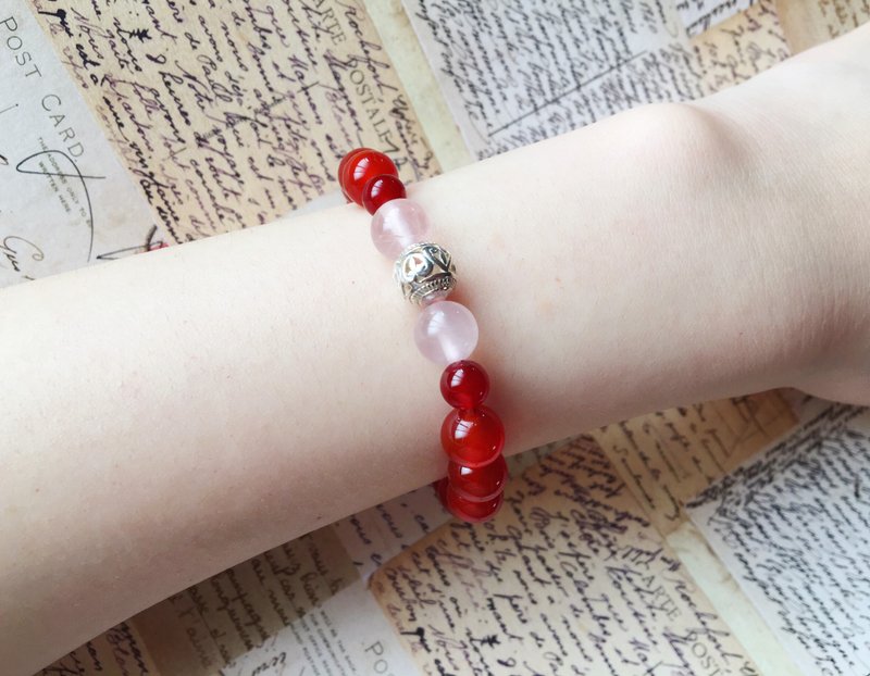 [Red line] Red agate pink crystal sterling silver bracelet - สร้อยข้อมือ - คริสตัล 