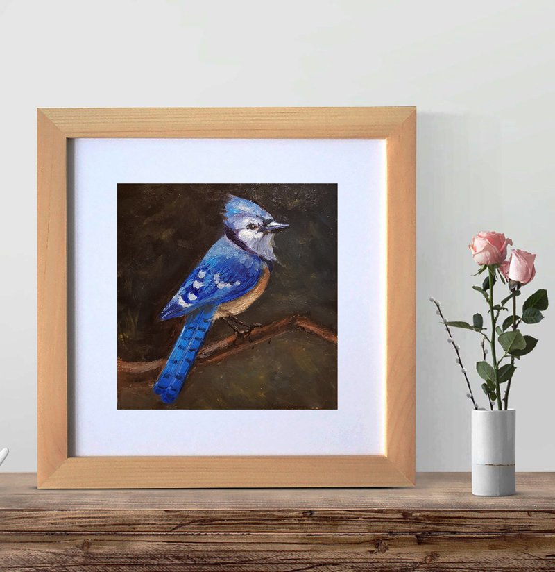 Blue Jay Painting Bird Original Art Animal Oil Painting Woodland Animal 6 by 6 - ตกแต่งผนัง - วัสดุอื่นๆ สีน้ำเงิน