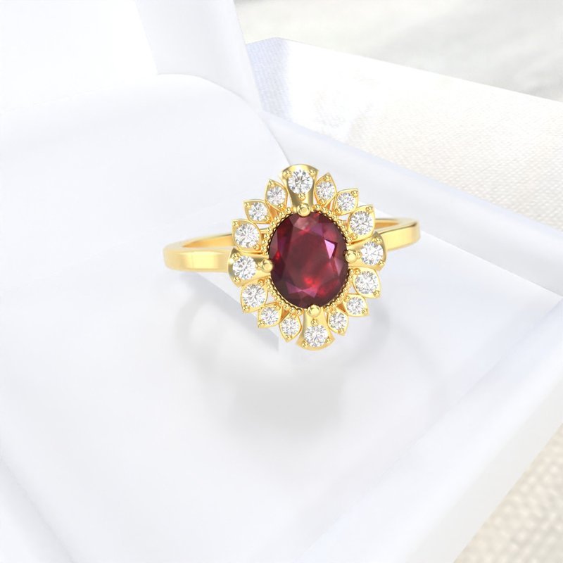 Vintage ring,Ruby ring 9K Gold, Thai ruby gemstones ring with white zircon, gift - 戒指 - 寶石 咖啡色