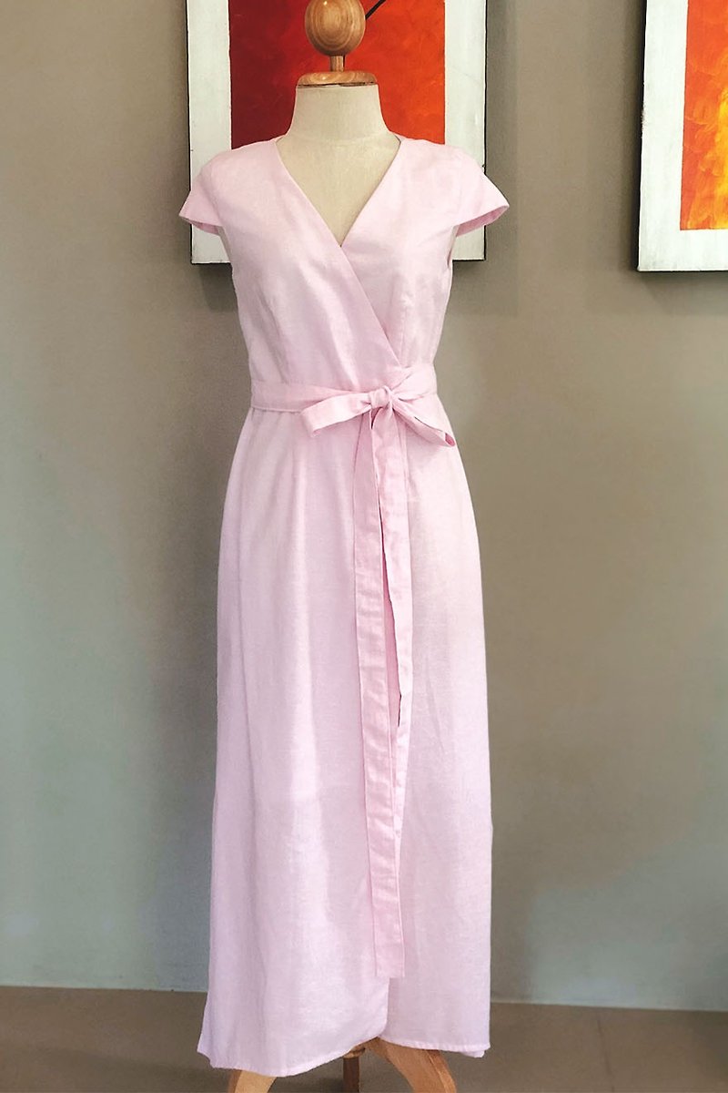 Isabella Linen Dress | Summer Dress | Wrap dress | Pink - ชุดเดรส - ลินิน สึชมพู