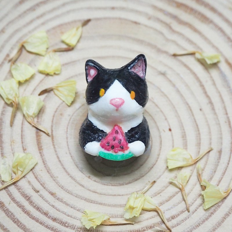 吃貨小貓與西瓜手工手繪胸針 Cat & watermelon handmade brooch - 胸針 - 其他材質 