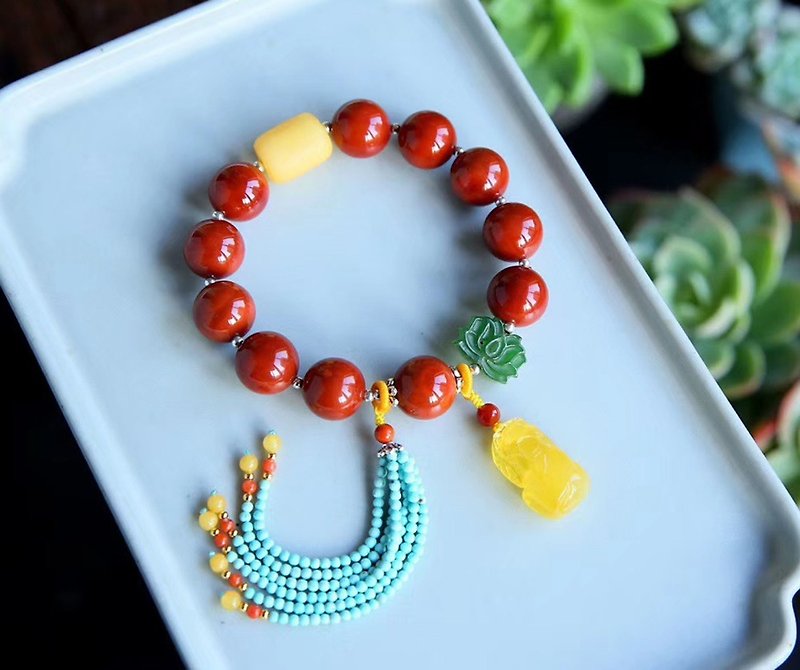 Pure natural authentic Sichuan material southern red agate bead design single circle bracelet color ruddy without optimization beautiful - สร้อยข้อมือ - เครื่องเพชรพลอย 