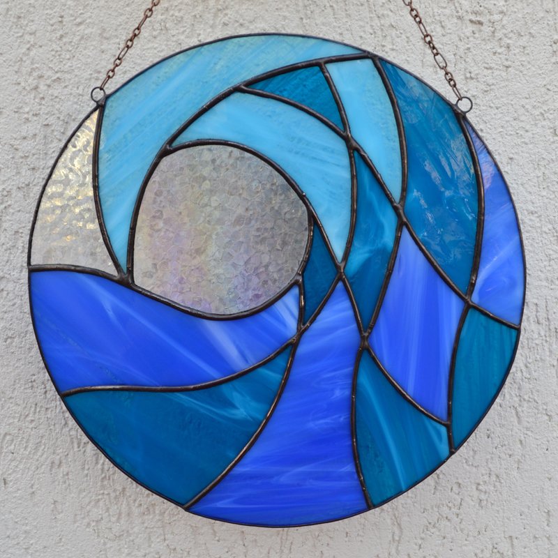 Crashing Wave Stained Glass Panel, Ocean Beach Suncatcher, Nautical Decoration - Wall Décor - Glass Blue