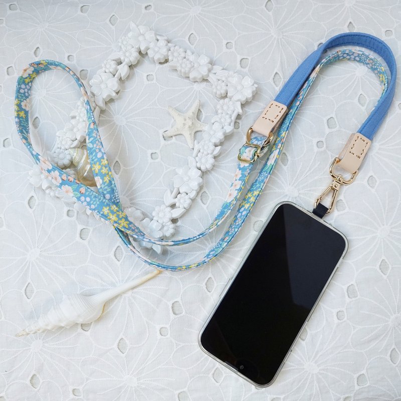 Three-in-one multi-functional water blue flower Korean cotton mobile phone oblique strap / oblique strap / back rope / - เชือก/สายคล้อง - ผ้าฝ้าย/ผ้าลินิน สีน้ำเงิน