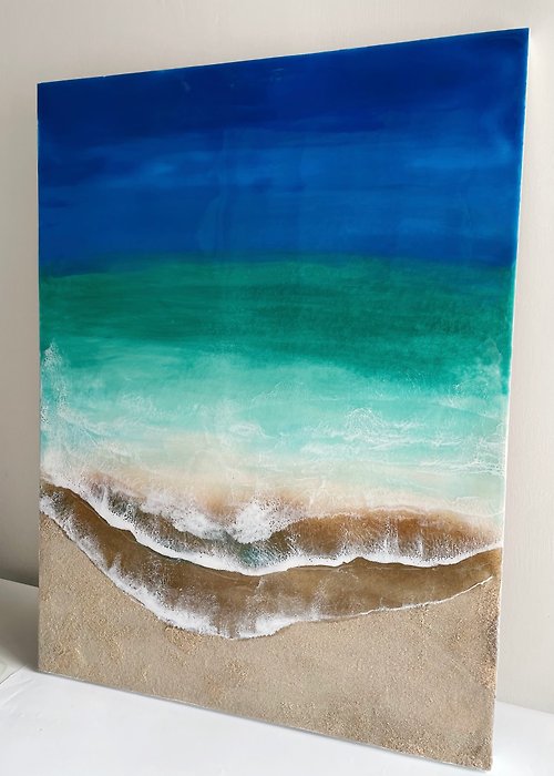 flouris_craft 超美藍綠海洋海浪沙灘大型環氧樹脂掛畫