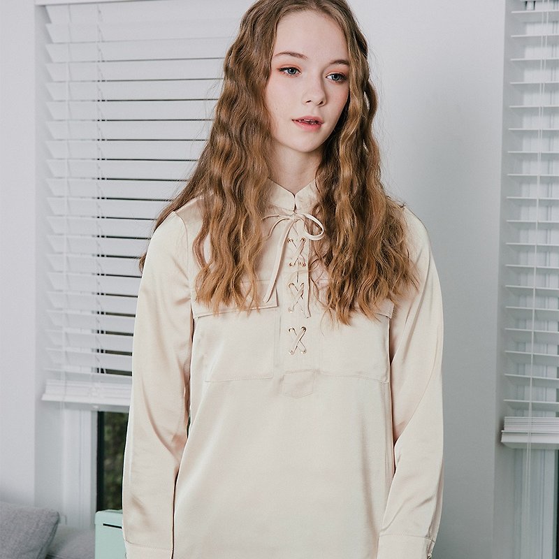 [Spring Specials] 2019 Women's Spring Wear Lace-up Stand Collar Double Pocket Top KYS-88031 - Women's Tops - Polyester White