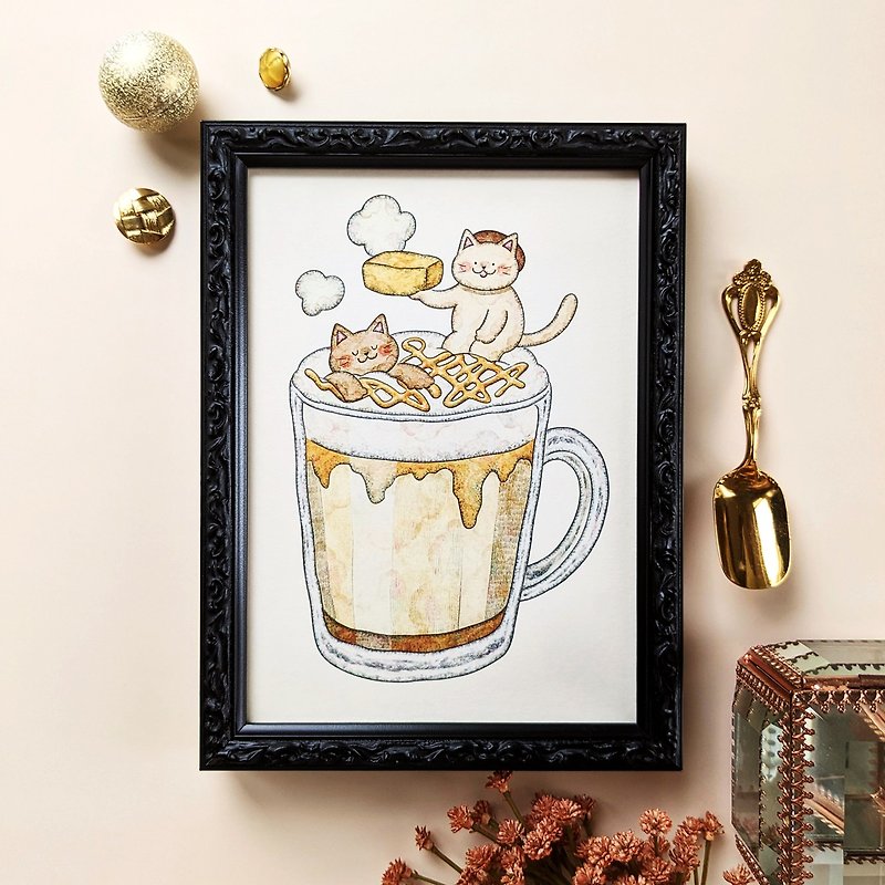 5×7 Cats and Caramel Macchiato Art print - โปสเตอร์ - กระดาษ สีส้ม