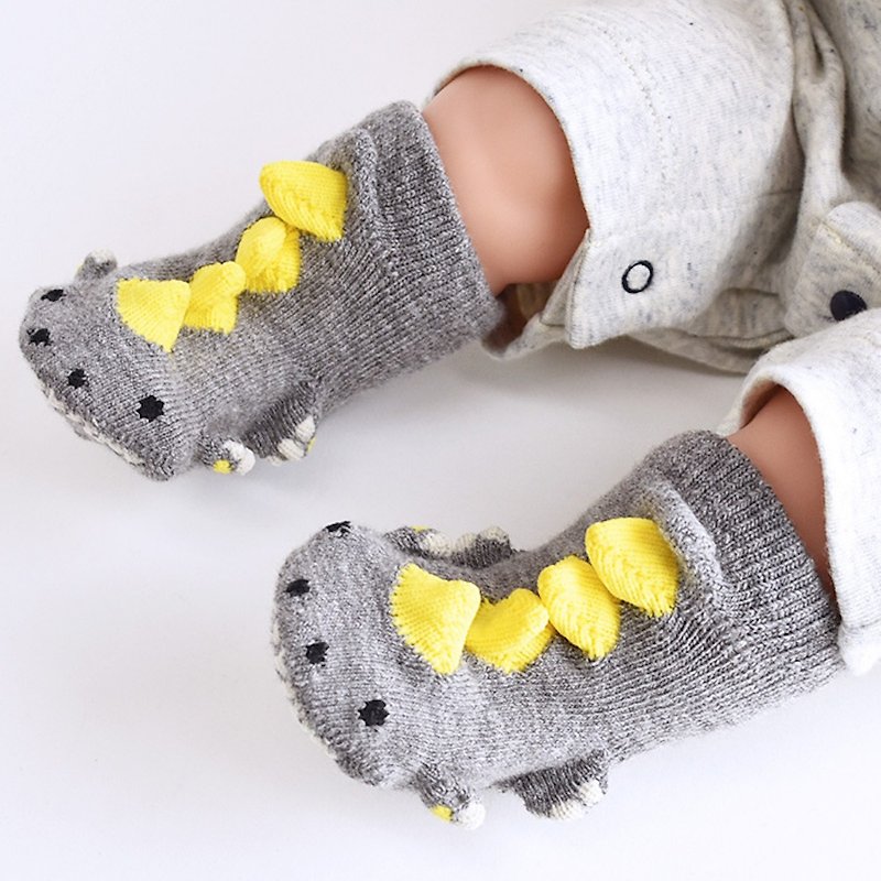 動物造型立體嬰兒襪 -恐龍 XS 9cm〜12cm - 嬰兒襪子 - 棉．麻 灰色