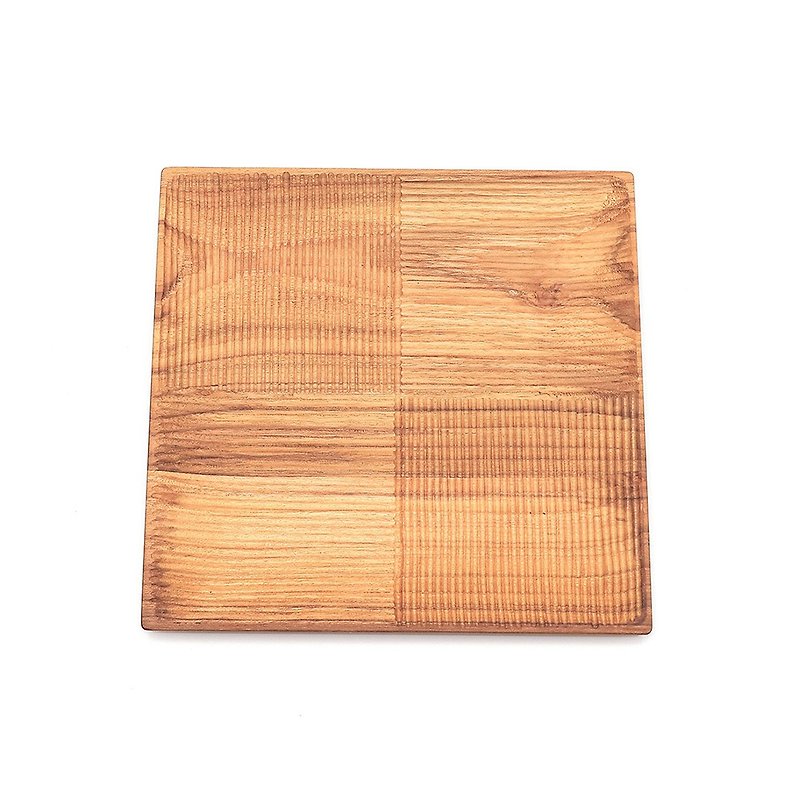 ナチュラルチークの木スクエアトレイ/ディナープレートLサイズストライプスタイル│26CM無塗装ログキャンプピクニック - 皿・プレート - 木製 ブラウン