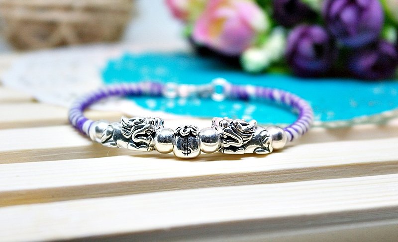Hand-knitted silk Wax thread X silver jewelry <bring a purse> //You can choose your own color// #招财 - Bracelets - Wax Purple