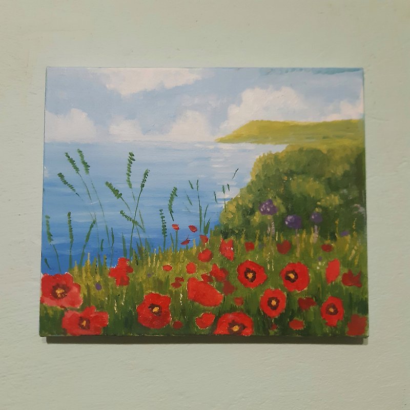 Sea and Poppies 10*12 inch 25*30 cm by Andriy Stadnyk Oil painting Landscapeands - ตกแต่งผนัง - วัสดุอื่นๆ หลากหลายสี