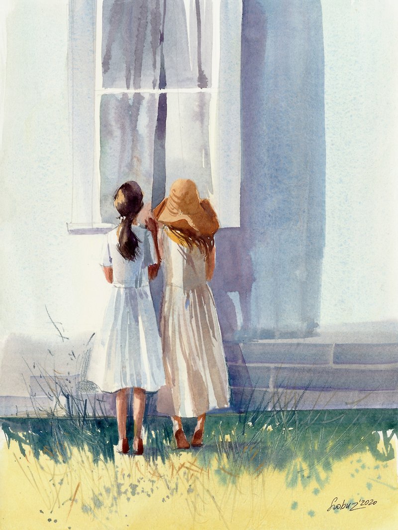 Two curious girlfriends - Watercolor Art Print - Large Poster Print - ตกแต่งผนัง - กระดาษ สีเหลือง