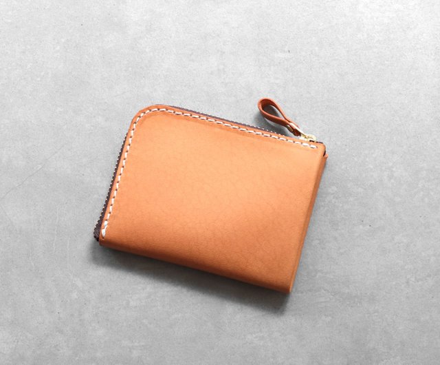 Retro TAN dyed vegetable tanned calf leather handmade L-shaped zip