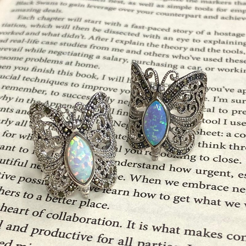 Art Deco Style Butterfly Ring with Gilson Opal and Marcasite 925 Sterling Silver - แหวนทั่วไป - เงินแท้ สีเงิน