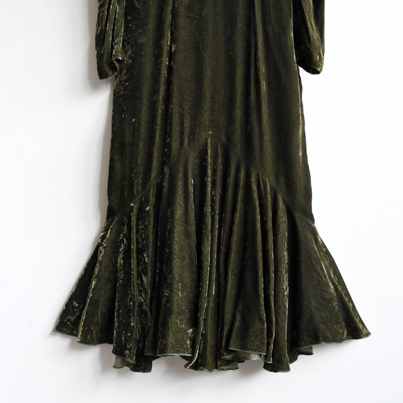 [Egg Plant Vintage] Green Moss Japanese Made Velvet Fishtail Vintage Dress - One Piece Dresses - Other Man-Made Fibers Green