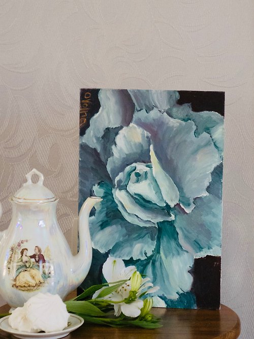 Olga Volna 朵朵玫瑰藍色繪畫原創牆壁藝術禮物手工綠松石