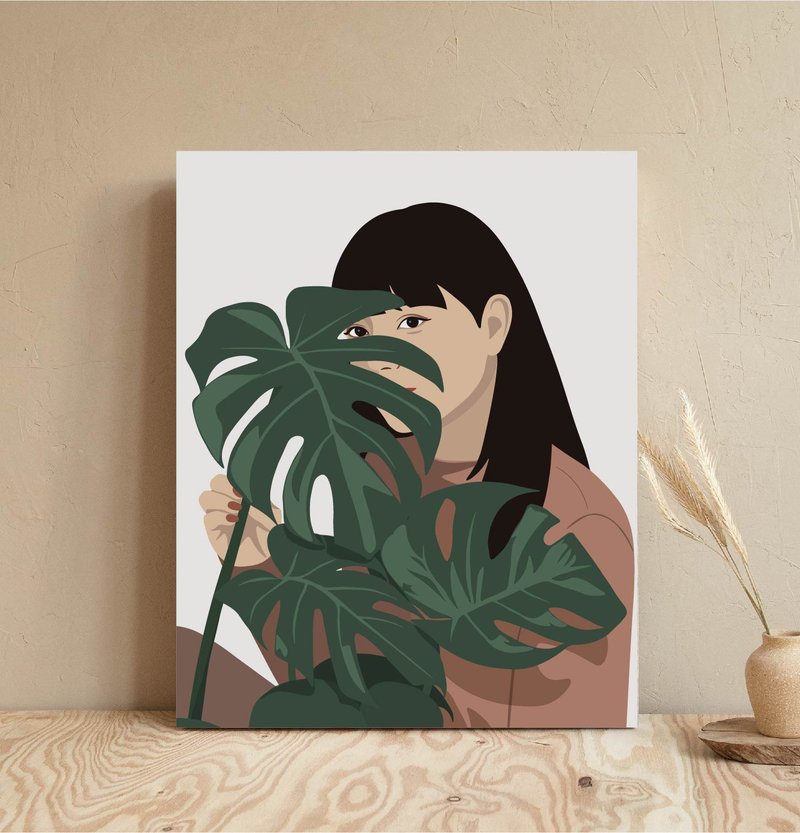 Electronic file, Woman with monstera plant, like Yanhui, modern wall art - โปสเตอร์ - วัสดุอื่นๆ สีเขียว