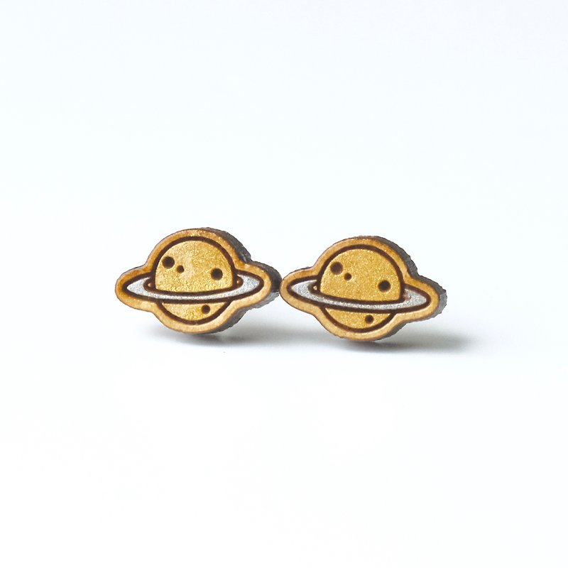 Painted wood earrings-Planet (gold) - ต่างหู - ไม้ สีทอง