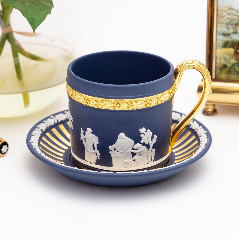 英國製Wedgwood稀有波特藍鑲金咖啡杯盤 紅茶杯組 浮雕璧玉收藏杯 - 咖啡杯/馬克杯 - 瓷 