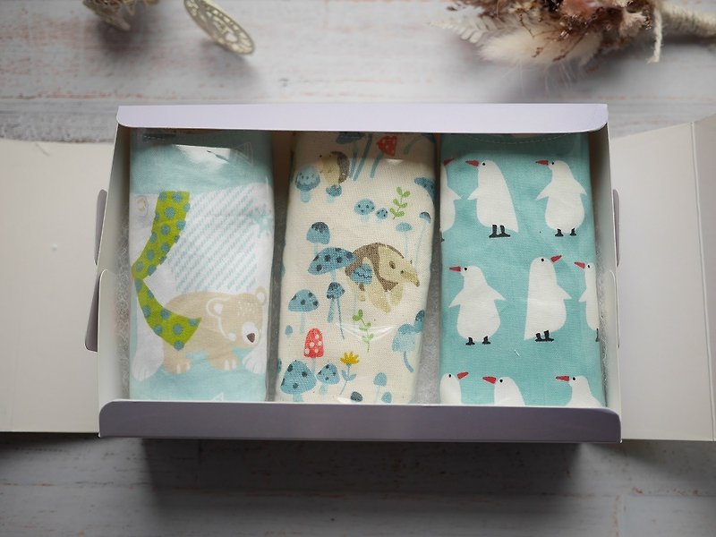 彌月禮盒 口水巾三入組 - 滿月禮物 - 棉．麻 藍色