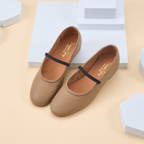 DREAMS SHOP 友善尺碼37-45 瑪莉珍 素面拼色平底娃娃鞋 深杏