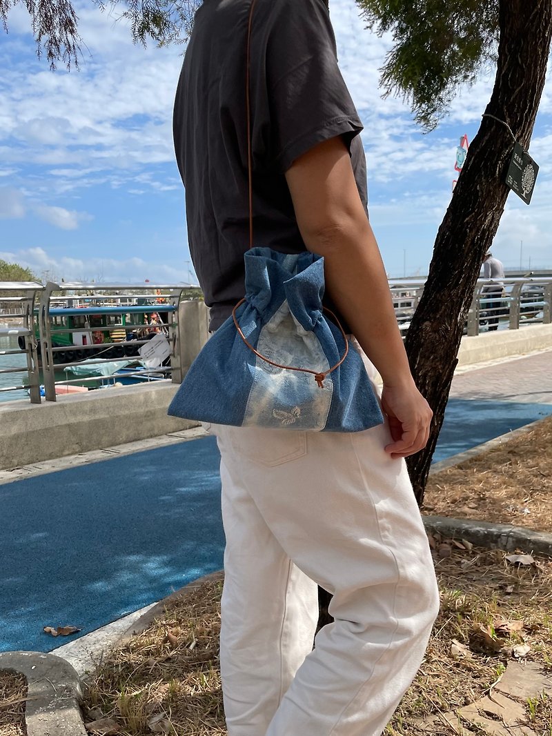 Denim cord bag drawstring pocket - Drawstring Bags - Cotton & Hemp Blue