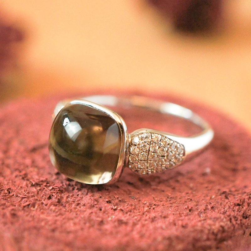 PROMISE - 9mm Cabochon Cushion Cut Smoky Quartz Rhodium Plated Silver Ring - General Rings - Paper Brown