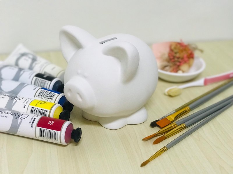 陶 DIY 小豬撲滿陶瓷白坯存錢筒 彩繪材料組 (含彩繪材料) - 陶藝/玻璃 - 陶 白色