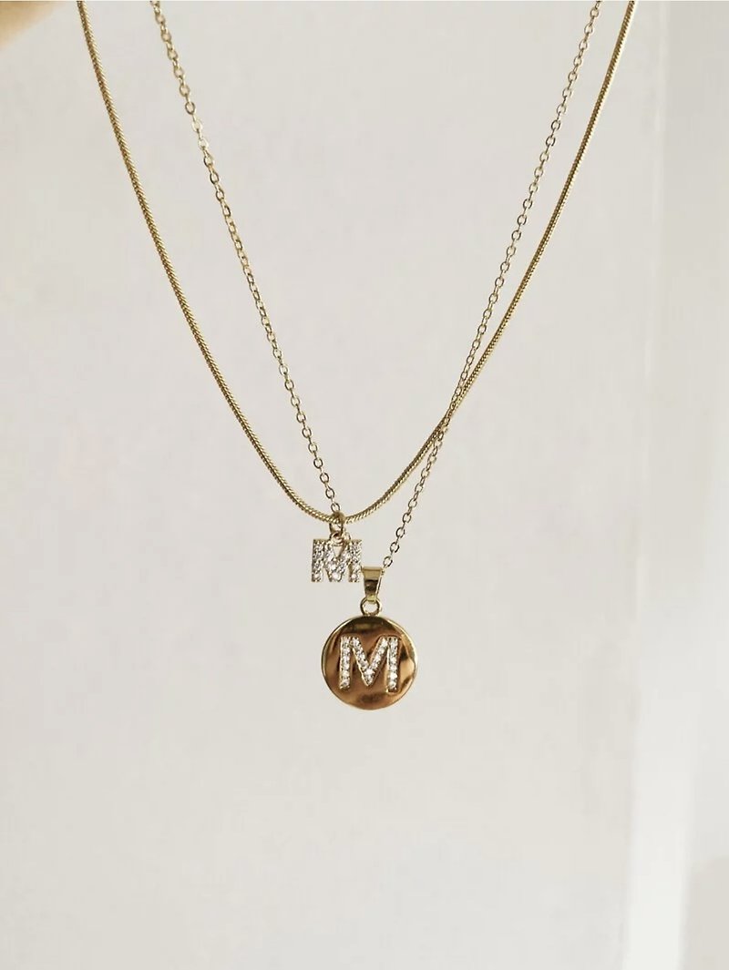 Alphabet series-small round plate full diamond alphabet necklace - Necklaces - Sterling Silver Gold