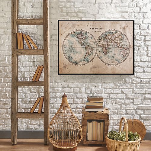 菠蘿選畫所 半球世界地圖－復古仿舊世界地圖掛畫/客廳懷舊擺設/臥室掛畫