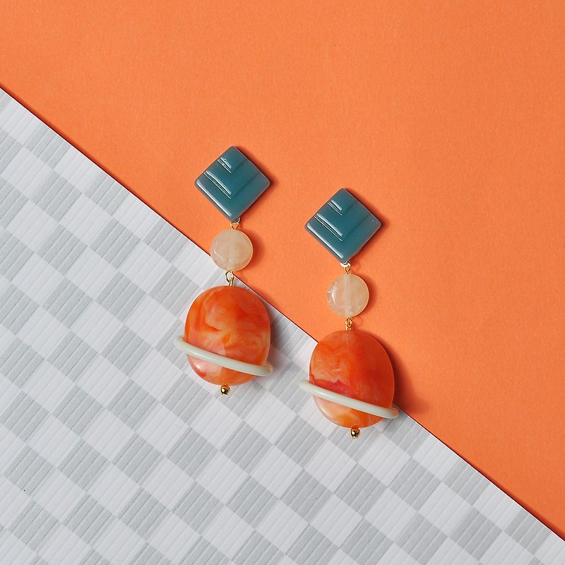 Orange Planet Dangle Earrings/ Acrylic Earrings - Earrings & Clip-ons - Acrylic 