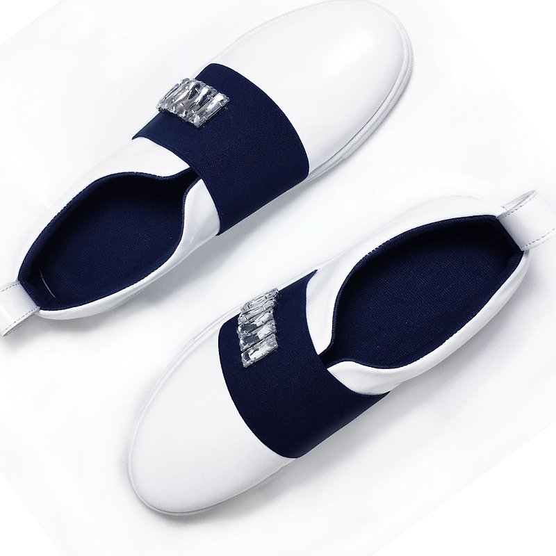 Stylish bling bling white cow leather ladies slip on sneakers - รองเท้าลำลองผู้หญิง - หนังแท้ ขาว