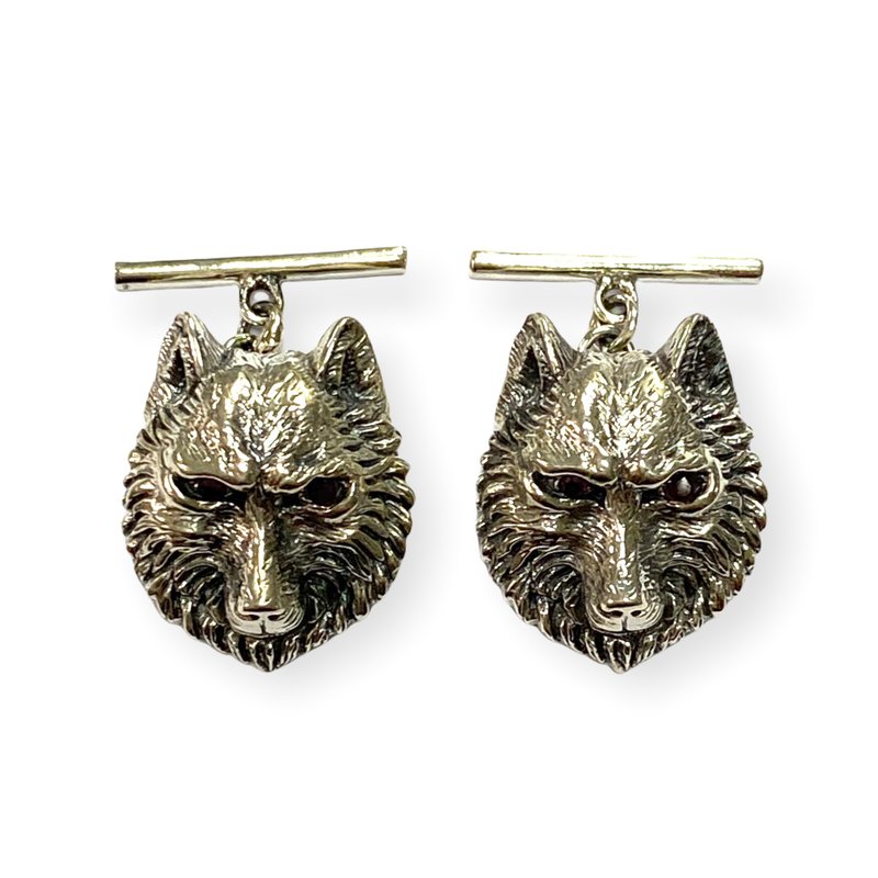 Victorian Style Wolf Head with Ruby Eyes Cufflinks 925 Sterling Silver Mens Gift - 袖扣 - 純銀 銀色