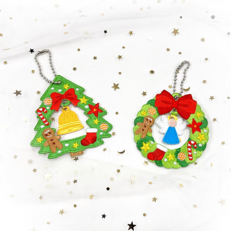 【刺繡吊飾】聖誕節 花環 花圈 造型吊飾 天使 鈴鐺 | Christmas - 鑰匙圈/鑰匙包 - 繡線 