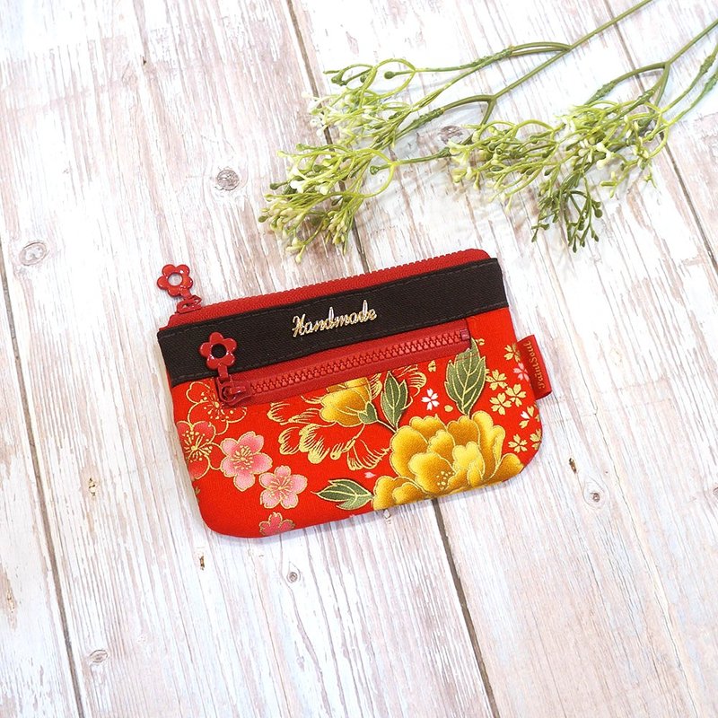 雙層收納零錢包(5吋)_古典燙金牡丹花_花色C - 散紙包 - 棉．麻 紅色