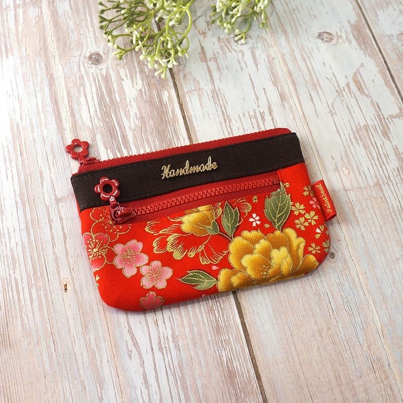 Dual-layer Coin Pouch (S) _ Classical Hot-stamped Peony _ Pattern C - Coin Purses - Cotton & Hemp Red