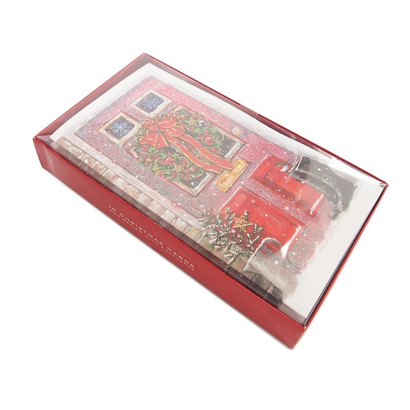 Red door Christmas box card with hanging wreath, 10 pieces [Ling Design-LD Card Christmas Series - การ์ด/โปสการ์ด - กระดาษ หลากหลายสี