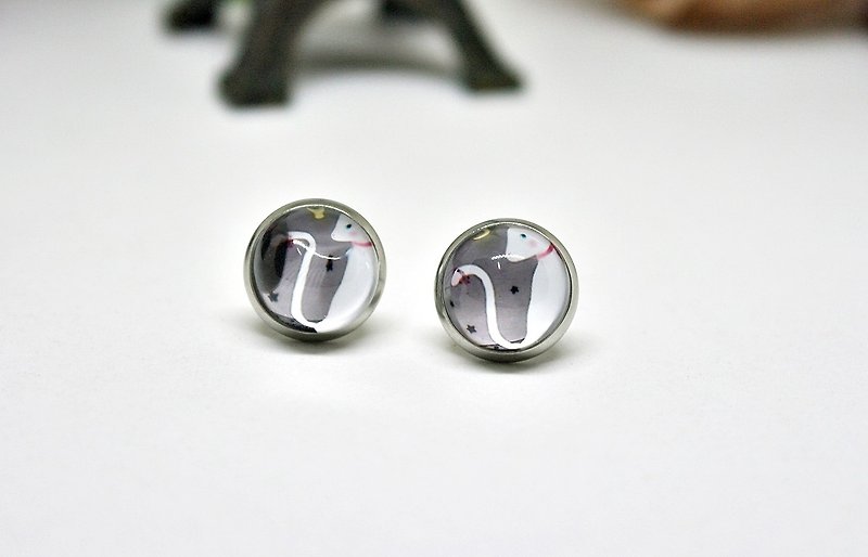 Time Gemstone X Stainless Steel Pin Earrings ＊Elegant White Cat＊ #Lovely# - Earrings & Clip-ons - Other Metals White