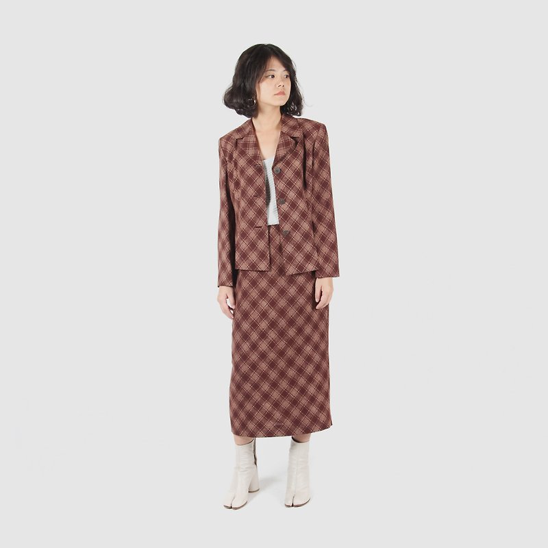 [Egg plant ancient] cloud lover checkered vintage suit - One Piece Dresses - Polyester 