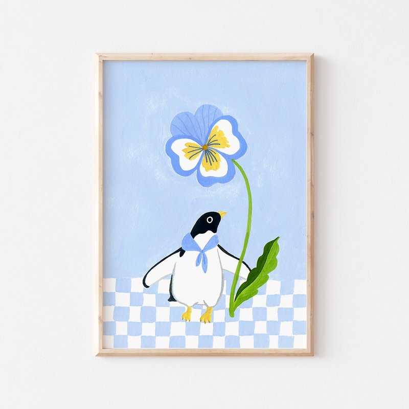 Penguin with blue pansy // Art prints - โปสเตอร์ - กระดาษ สีน้ำเงิน