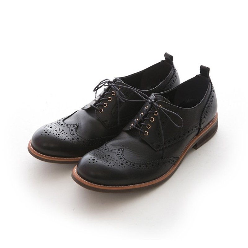 หนังแท้ รองเท้าหนังผู้ชาย สีดำ - ARGIS Bullock Carved Derby Casual Leather Shoes #41206 Gentleman Black-Handmade in Japan