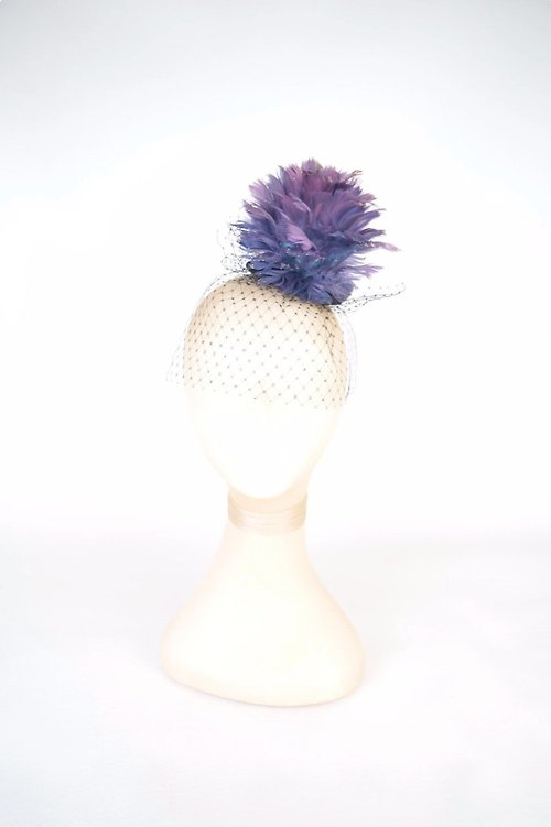 Elle Santos Fascinator Headpiece Feathered Purple Flower with Gold Glitter and Black Veil