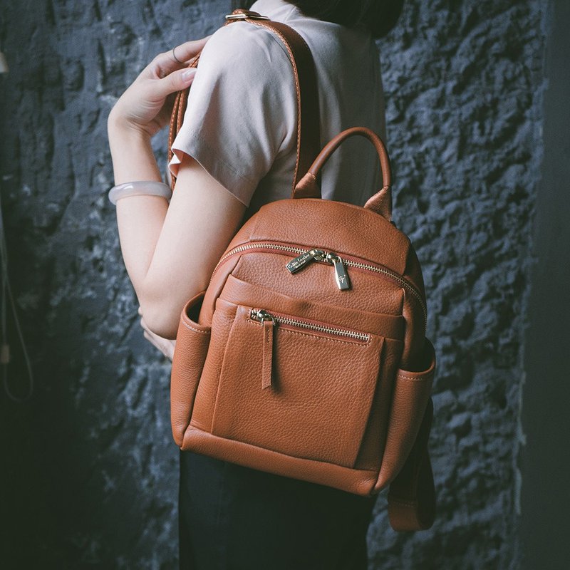 Leather multi-functional eye-catching backpack X1968 Brown - Backpacks - Genuine Leather Orange