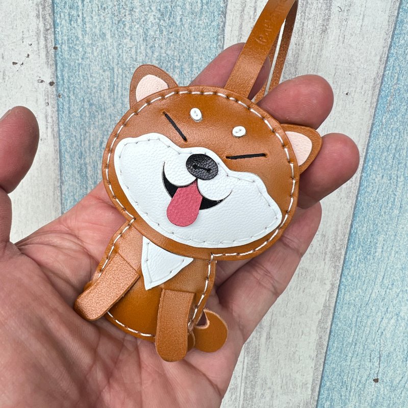 Healing small things handmade leather brown Shiba Inu dog pure hand-stitched leather keychain small size - ที่ห้อยกุญแจ - หนังแท้ สีนำ้ตาล