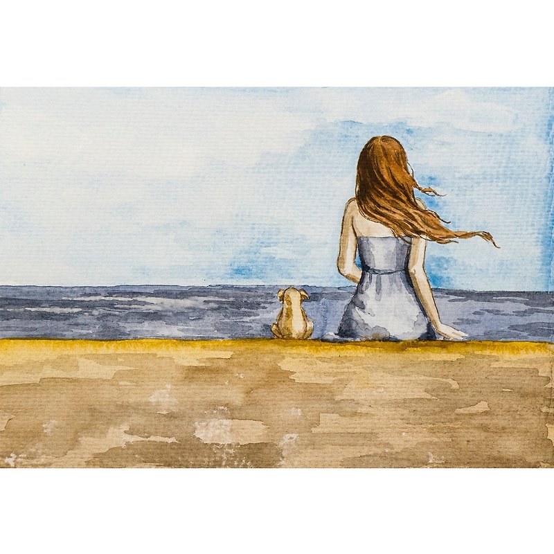 Woman and Dog Painting Beach Original Art Watercolor Seascape Hand-Painted - Posters - Paper Blue