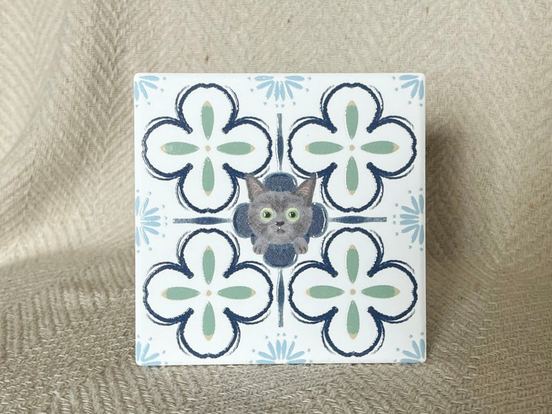 Christmas gift tiles, peek-a-boo coasters, Russian blue cats | wedding favors, ceramic three-dimensional patterns - Coasters - Pottery Multicolor