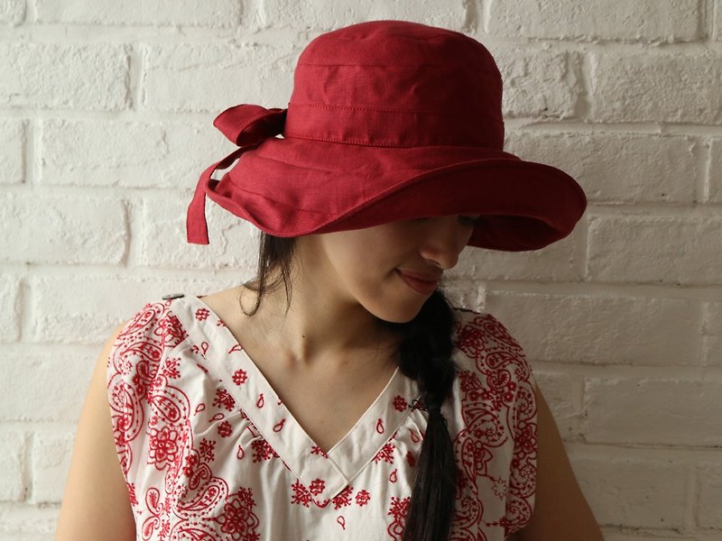 Red Linen Wide Brimmed Hat - หมวก - ผ้าฝ้าย/ผ้าลินิน สีแดง