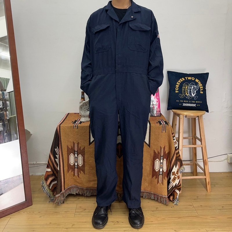 BULWARK 深藍 長袖 連身工作服 古著 二手 布料硬挺 電繡布章 防 - 男長褲/休閒褲 - 棉．麻 藍色